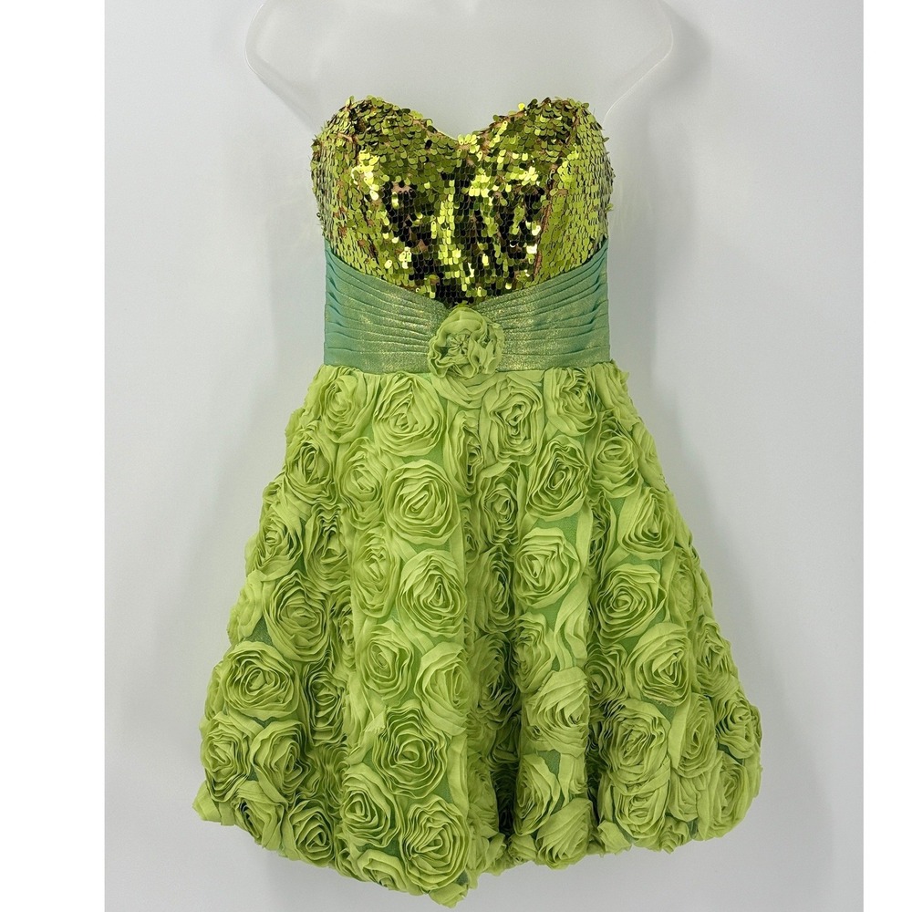 Vtg Y2k Sequin Dress sz 4 Fairycore Tinker Bell Disneybound Hoco Rosette Green
